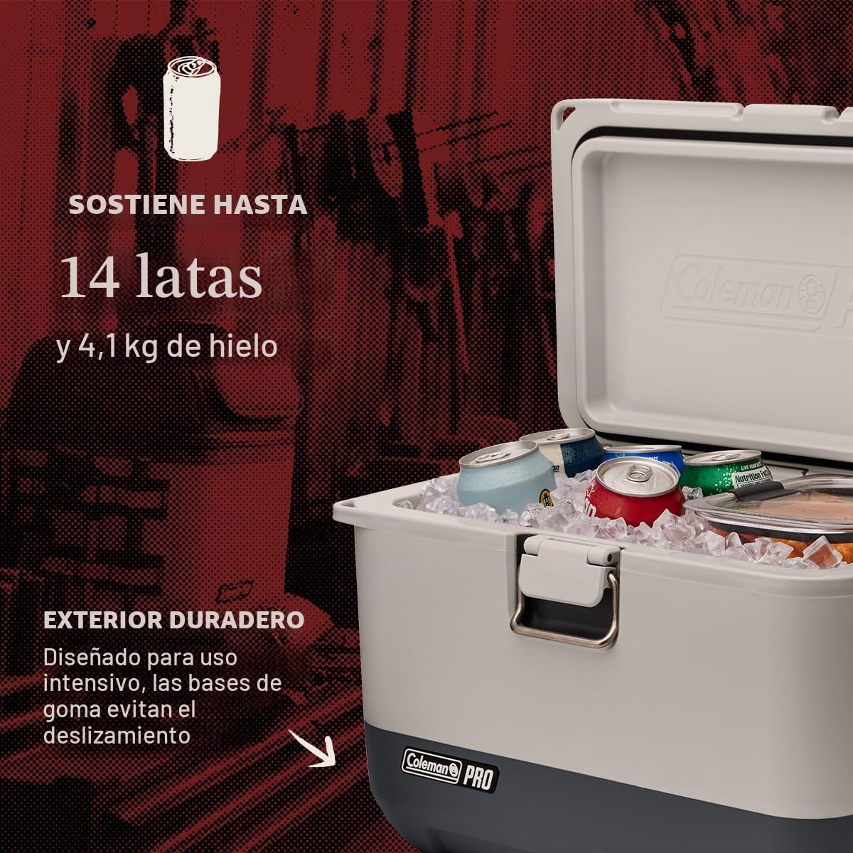 Coleman Pro - Lonchera rígida aislada de Alta Resistencia, Enfriador portátil Duradero para Uso Resistente al Aire Libre y Lugares de Trabajo, Puntos de Anclaje para un Transporte Seguro y