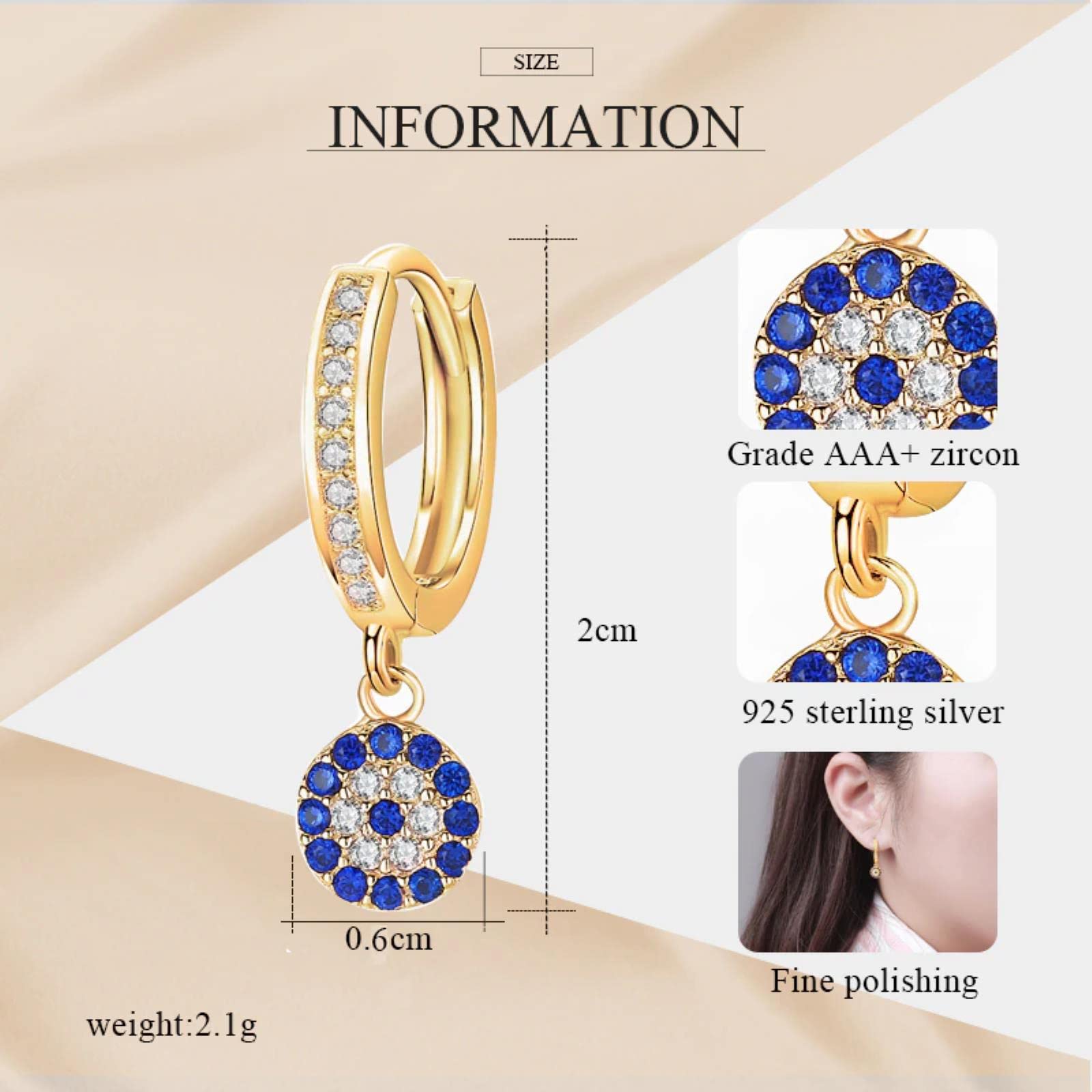 Pendientes, Gota de la Suerte con Forma Ojo Malvado en Plata Ley 925 for Mujer, Cristal circonita Azul, joyería turca Lujo for Bodas(Gold Color)