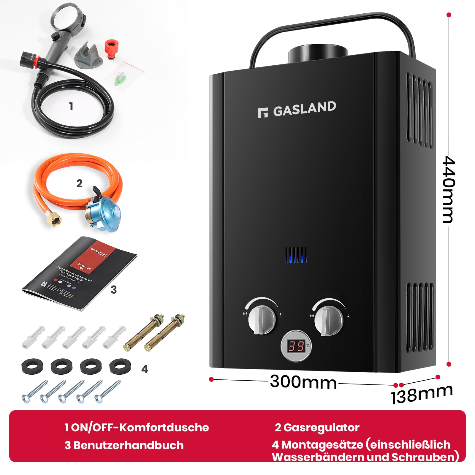GASLAND BE158B - Scaldabagno a gas 6 l, 30/37 mbar, sistema doccia calda portatile, scaldabagno GPL istantaneo per campeggio Road Trip Hot Tap Lpg Shower