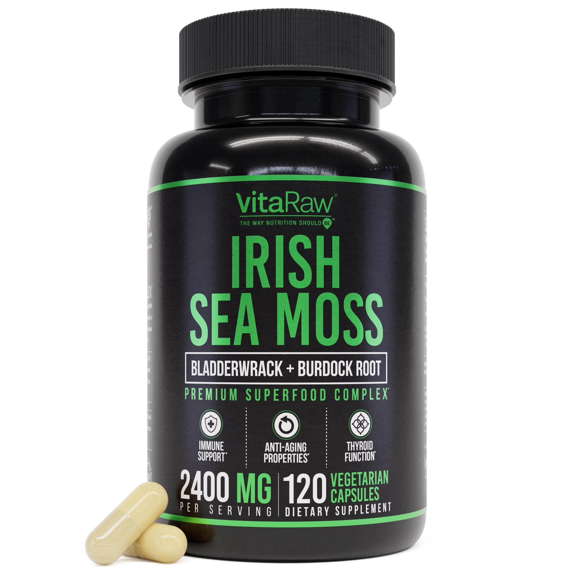 VitaRaw Organic Irish Sea Moss Capsules 2400 mg - Burdock Root and Bladderwrack Powder Real Seamoss Pills for Immune Support, Joint and Gut Health Help - Raw Sea Moss Advanced Herbal Supplement