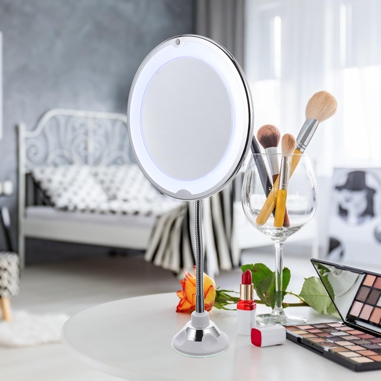 Espejo de Maquillaje LED con Aumento 10x, Ventosa Potente y Rotación 360°, Espejo Giratorio Compacto para Baño, Tocador y Viajes, Luz Integrada para Cuidado Facial