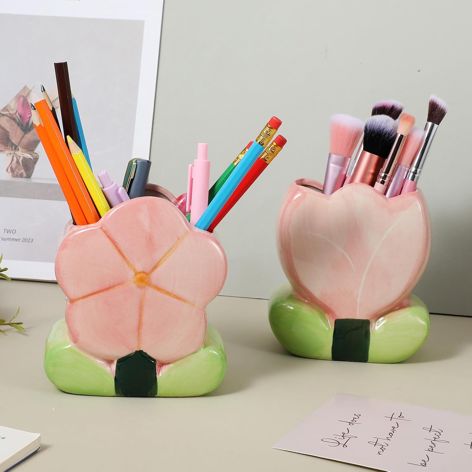 2pcs Pink Pencil Holder for Office Desk Accessories Aesthetic Flower Makeup Brush Organizer Cute Tulips Home Decor Birthday Gifts for Women Vanity Toothbrush Holder Kawaii Office Oragnizer