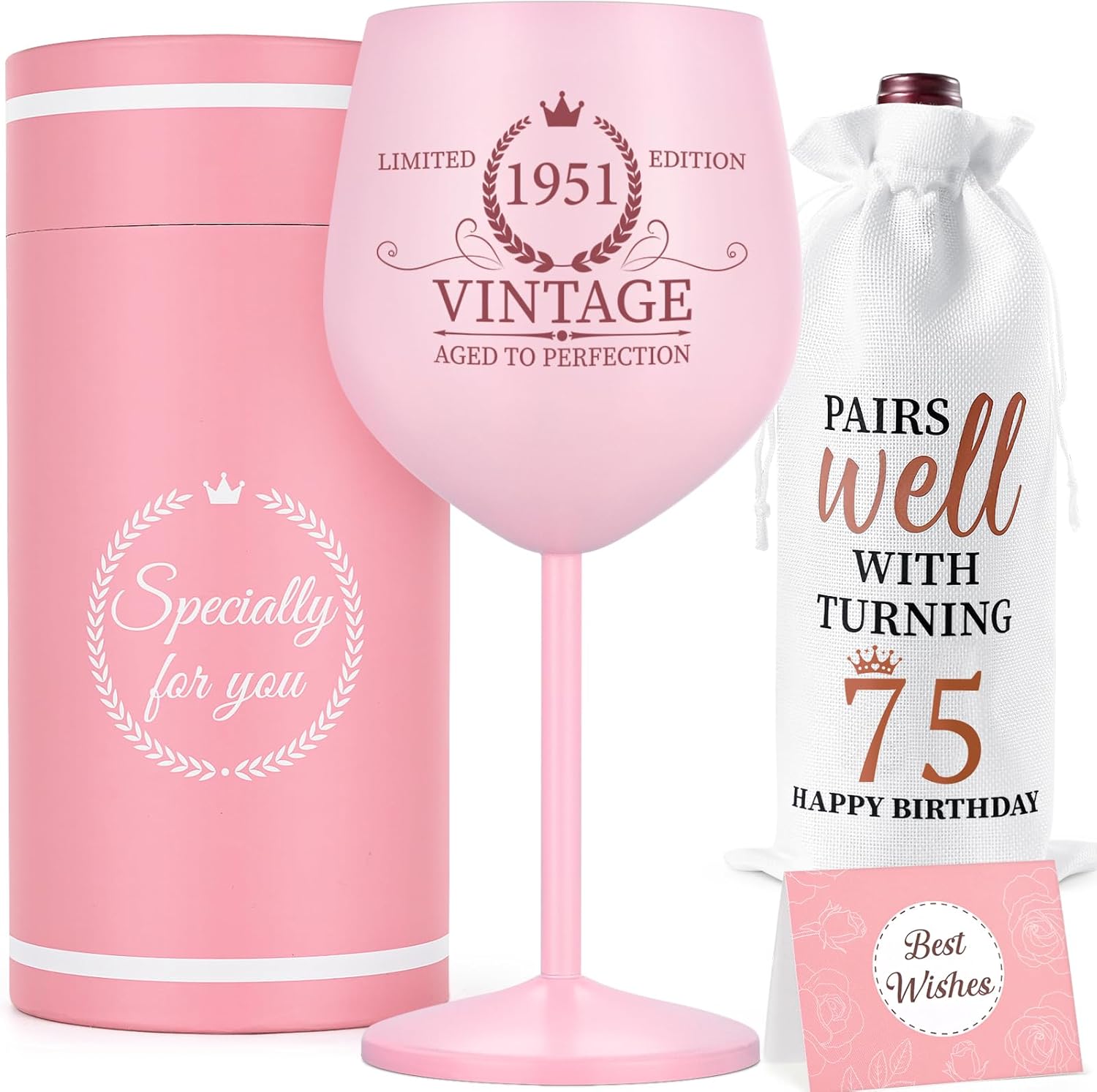 Lifecapido 75th Birthday Gifts for Women, Vintage 1951 Stainless Steel Wine Glass with Wine Bag and Card, 75th Birthday Decorations for Women, 75 Year Old Birthday Gifts for Grandma Mom Aunt Wife