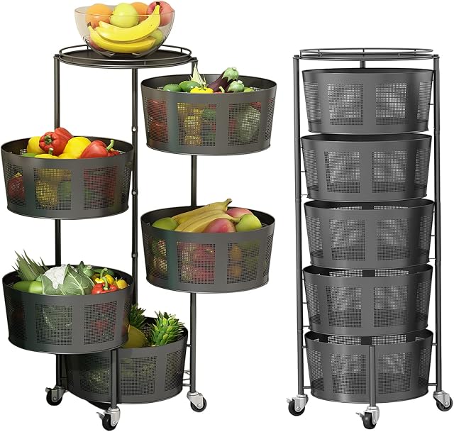 Pumpumly Rotating Kitchen Storage Shelf Rack 5 Tiers Round Metal Baskets for Fruit Vegetable Organizing for Kitchen,Bathroom,Living Room,Black