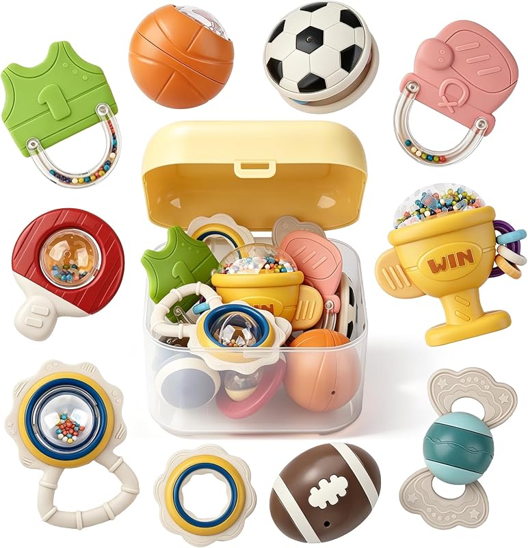 Joyreal Baby Toys 0-6 Months, 10PCS Baby Rattles Teething Toys 3-6 Months | BPA Free, Sensory Development, Easy Clean & Sterilize, Easy Grip, Teething Relief, Sports Theme, Storage Box, Baby Gift