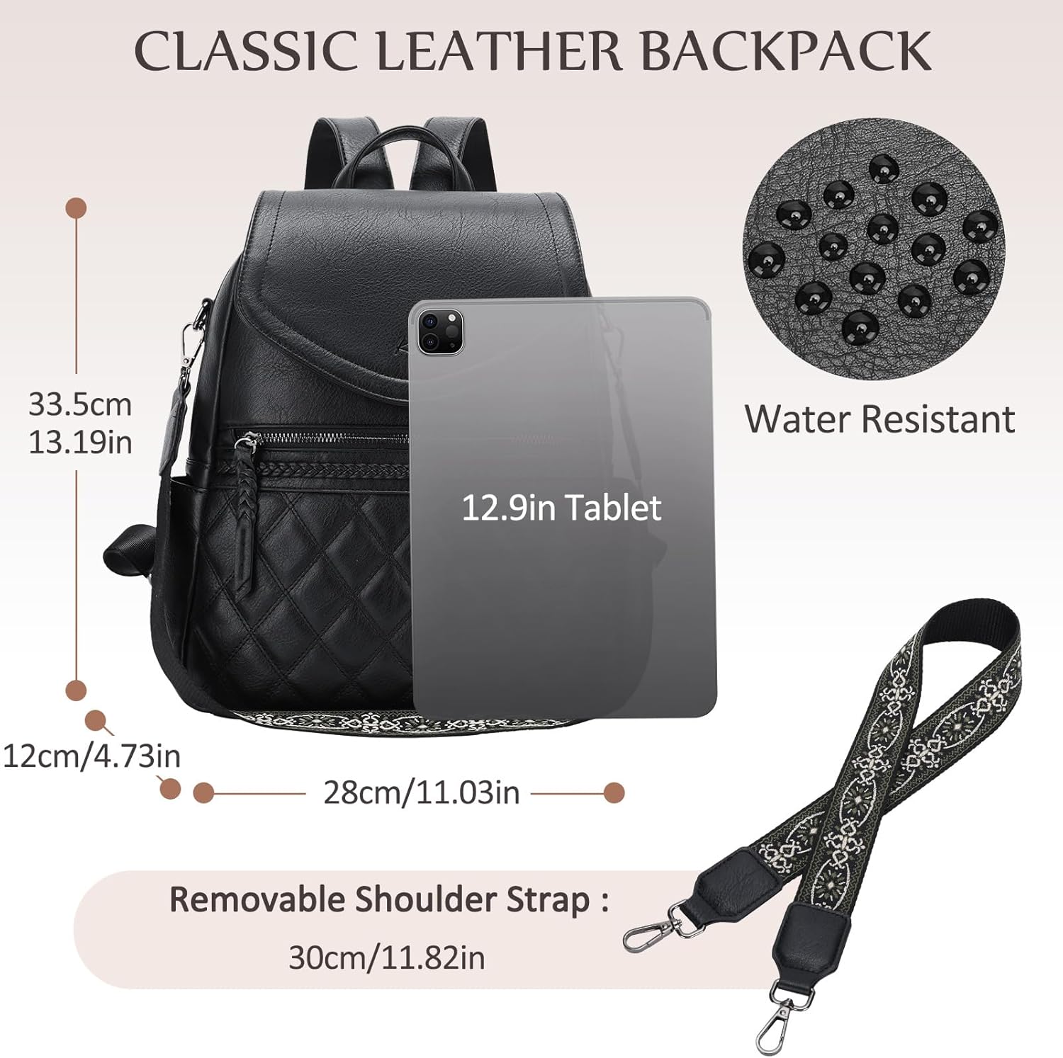 Kasqo Backpack Purse for Women,PU Leather Fashion Flap Quilted Backpack Ladies Handbag Convertible Shoulder Bag for Work Travel College with Guitar Strap Black - Image 2