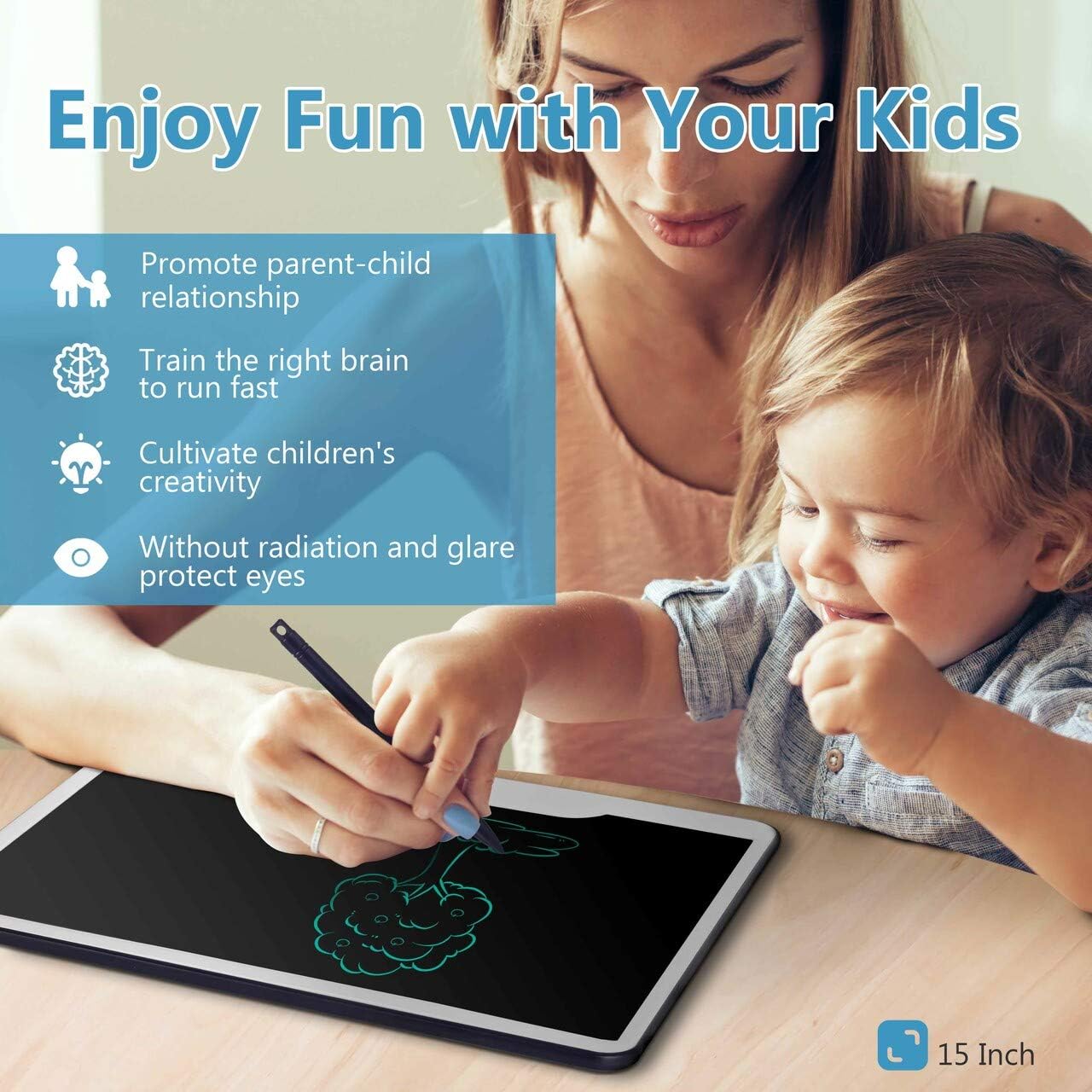 LCD Writing Tablet, 15 Inches Reusable Drawing Doodle Board & Digital Writing Pad With Stylus, Full Erase Mode, Screen Lock Feature for Kids and Adults at Home School Office