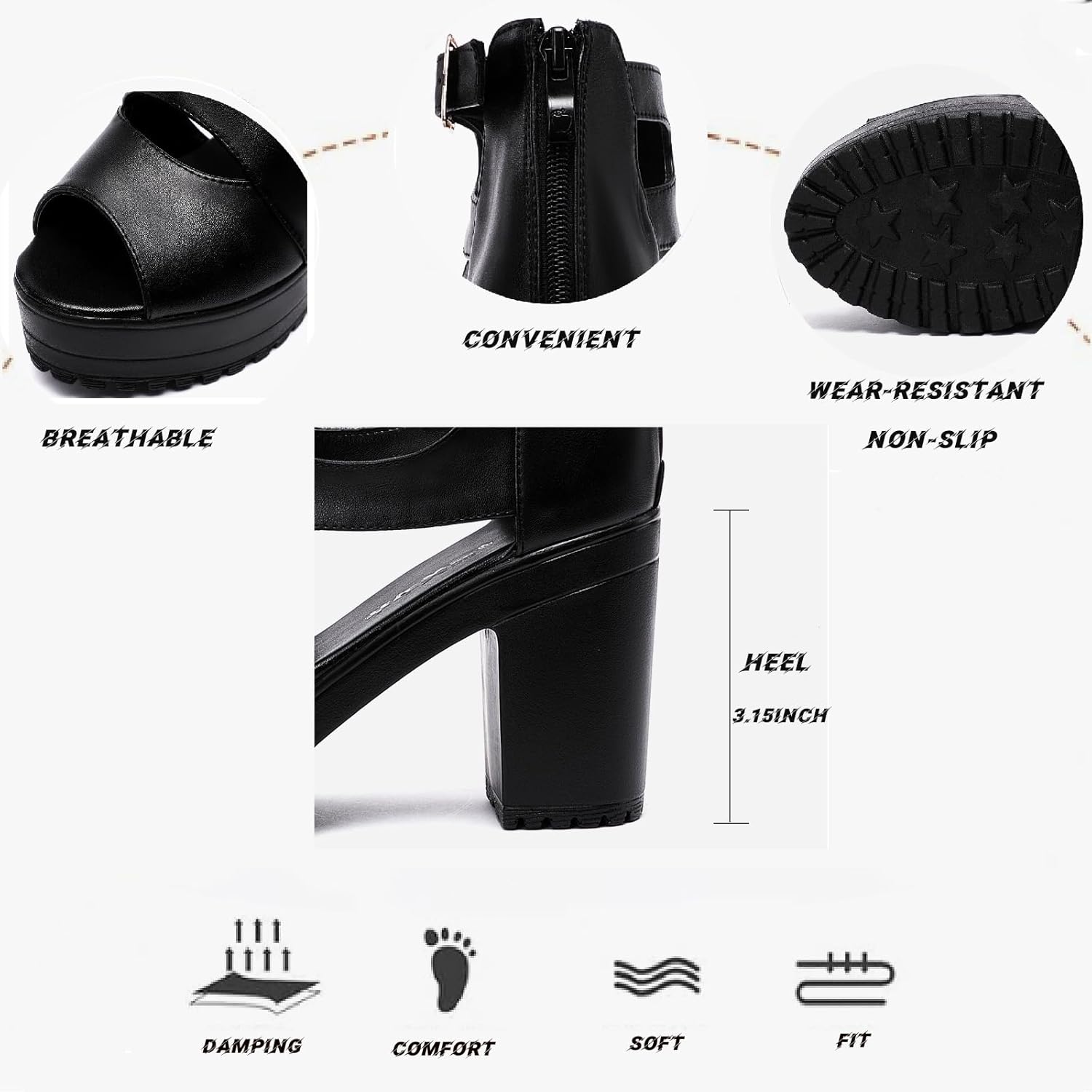 Women'S Hollow Out High Top Chunky Heel Roman Sandals Summer Breathable Fish Mouth Pointed Toe Adjustable Ankle Strap Anti-Slip Platform High Heels Sandals - Image 4