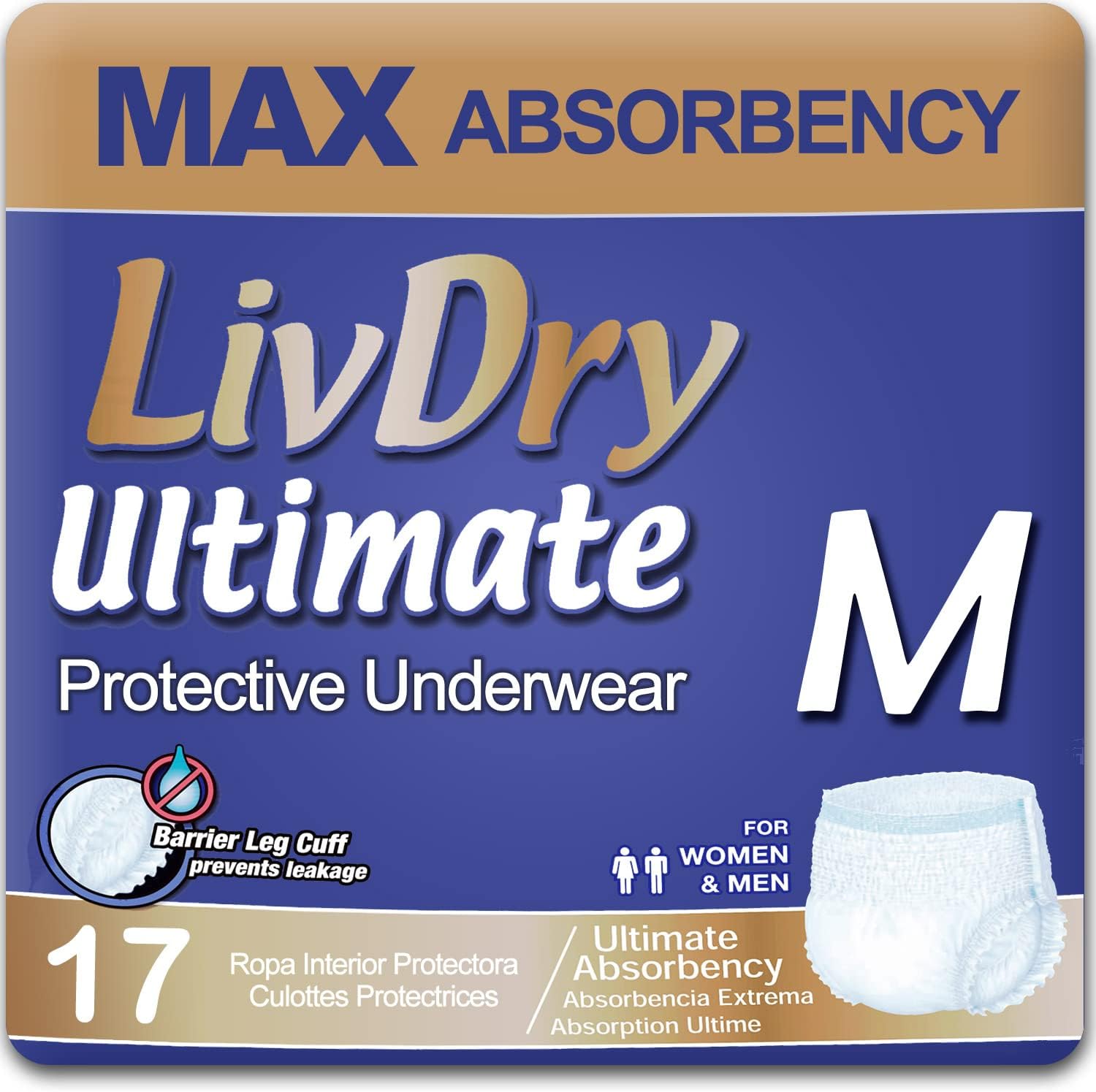 LivDry Ultimate Adult Incontinence Underwear, Absorbent, Leak Proof, Medium, Pack of 17