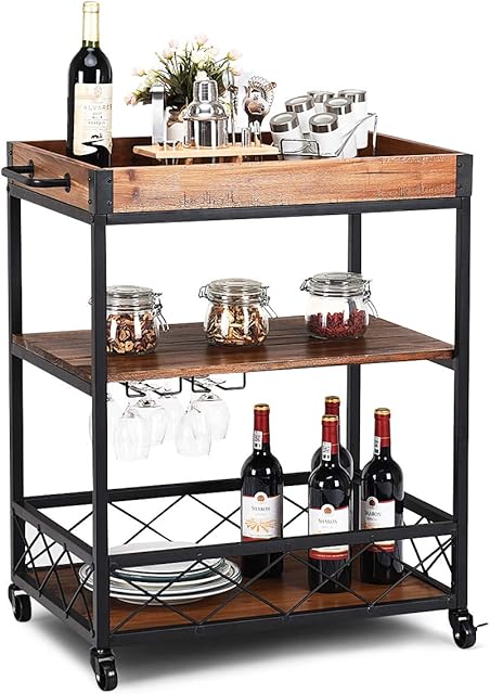 COSTWAY Mobile Kitchen Serving Trolley with Removable Tray and Glass Holder, 3-Tier Bar Storage Cart on Lockable Wheels, Restaurant Dining Room Drinks Trolley (with Glass Holder,78x45x83cm)