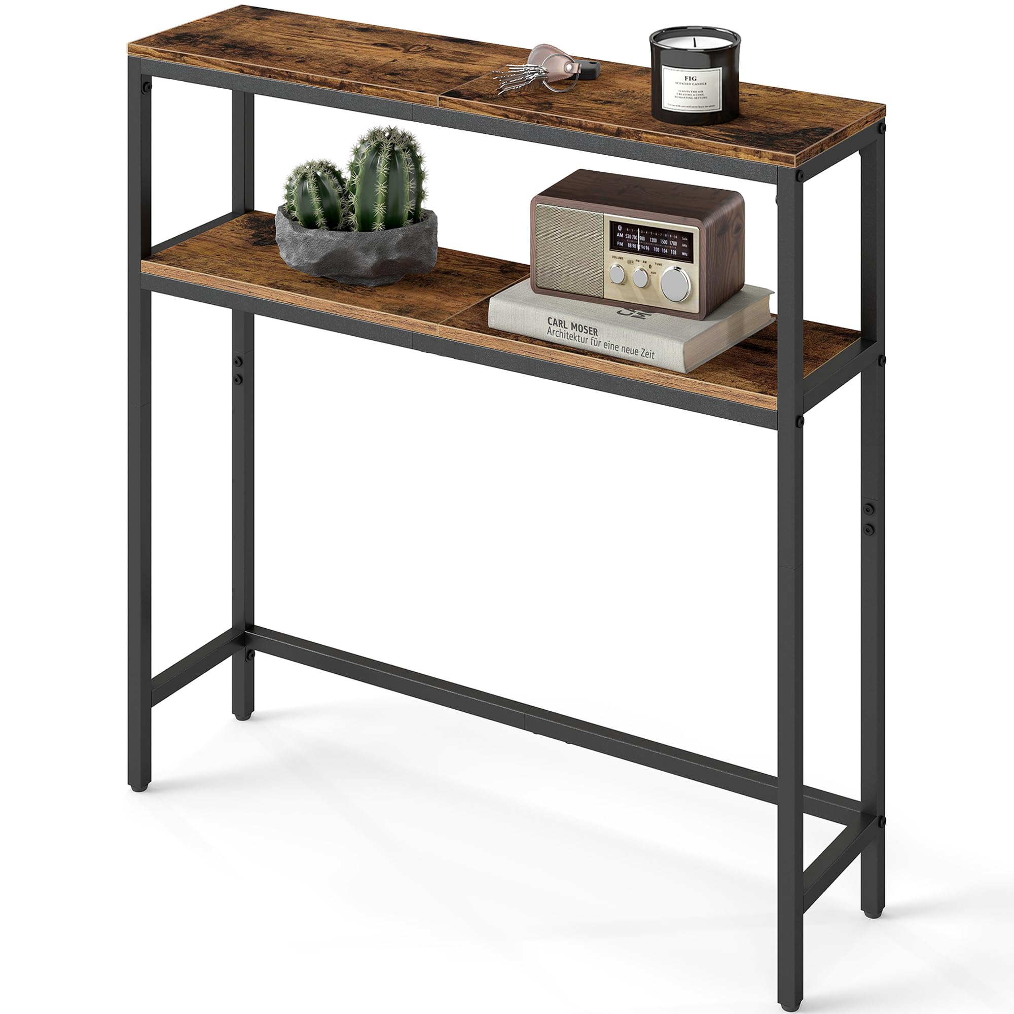 VASAGLE Console Table, 2-Tier Slim Sofa Table, 20 x 80 x 80 cm, Hallway Table with 2 Shelves, for Living Room, Entryway, Rustic Brown and Ink Black LNT130K01V1