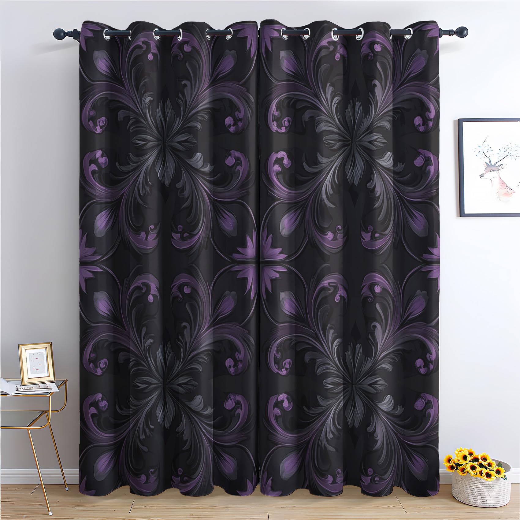 zcwl Black Purple Baroque Curtains for Bedroom Living Room, Vintage Floral Patterned Blackout Curtains, Thermal Insulated Eyelet Curtain, 54 Drop Window Treatments Drapes, 46x54 Inch (W x L), 2 Panels