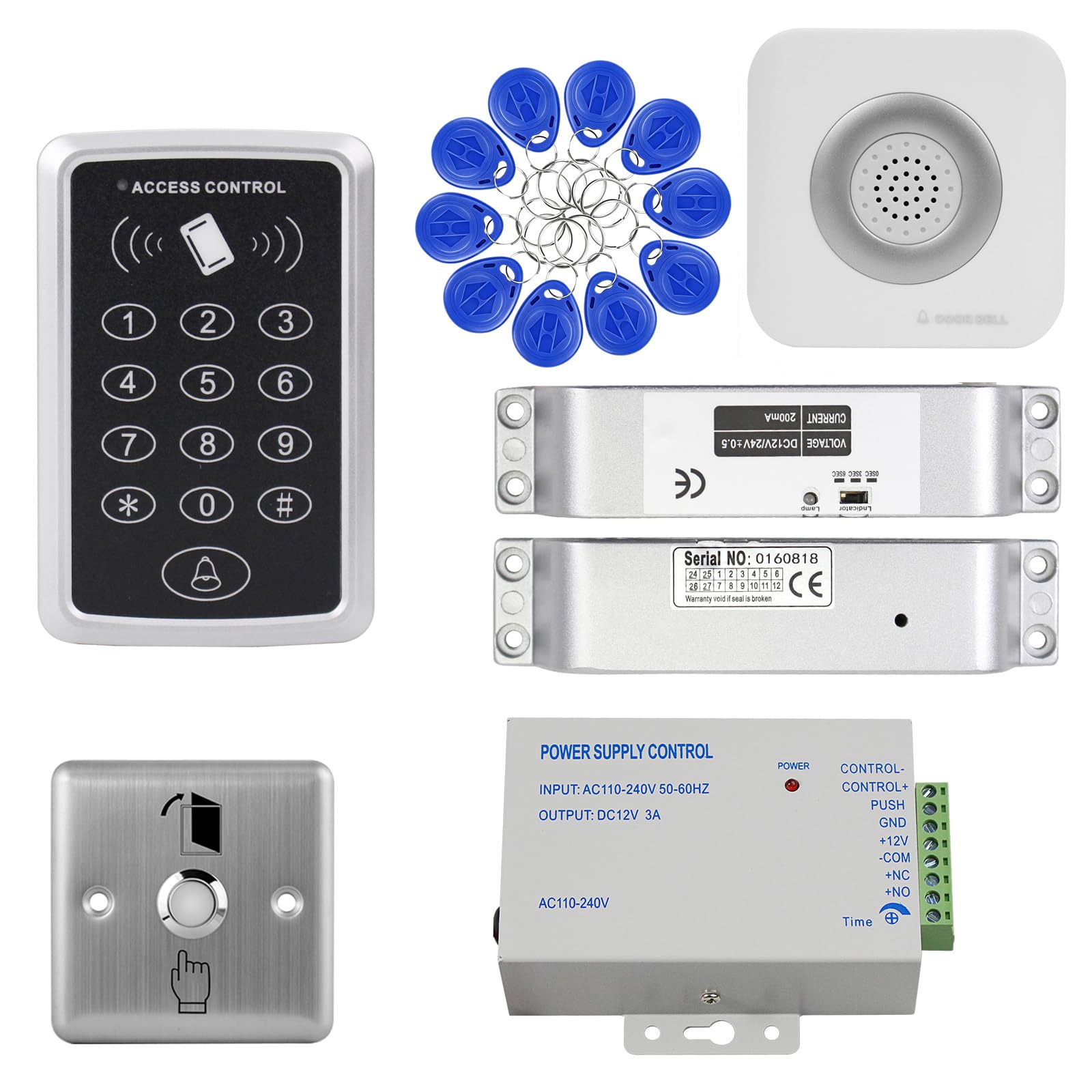 Passwortkarte Zutrittskontrollsystem Kit Elektrisches Türschloss | RFID-Tastatur-Controller für 1000 Benutzer. Für Wohnungen, Büros, Villen; Edelstahl-Ausgangstaste