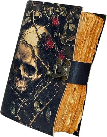 Dark Elegance Skull Journal – ハンドメイドアンティーク調のエッジペーパージャーナル – 7x5インチ本革ノートブック スカル&ローズデザイン – ヴィンテージロッククロージャー – パーソナルダイアリー、スケッチブック、作家へのギフトに。