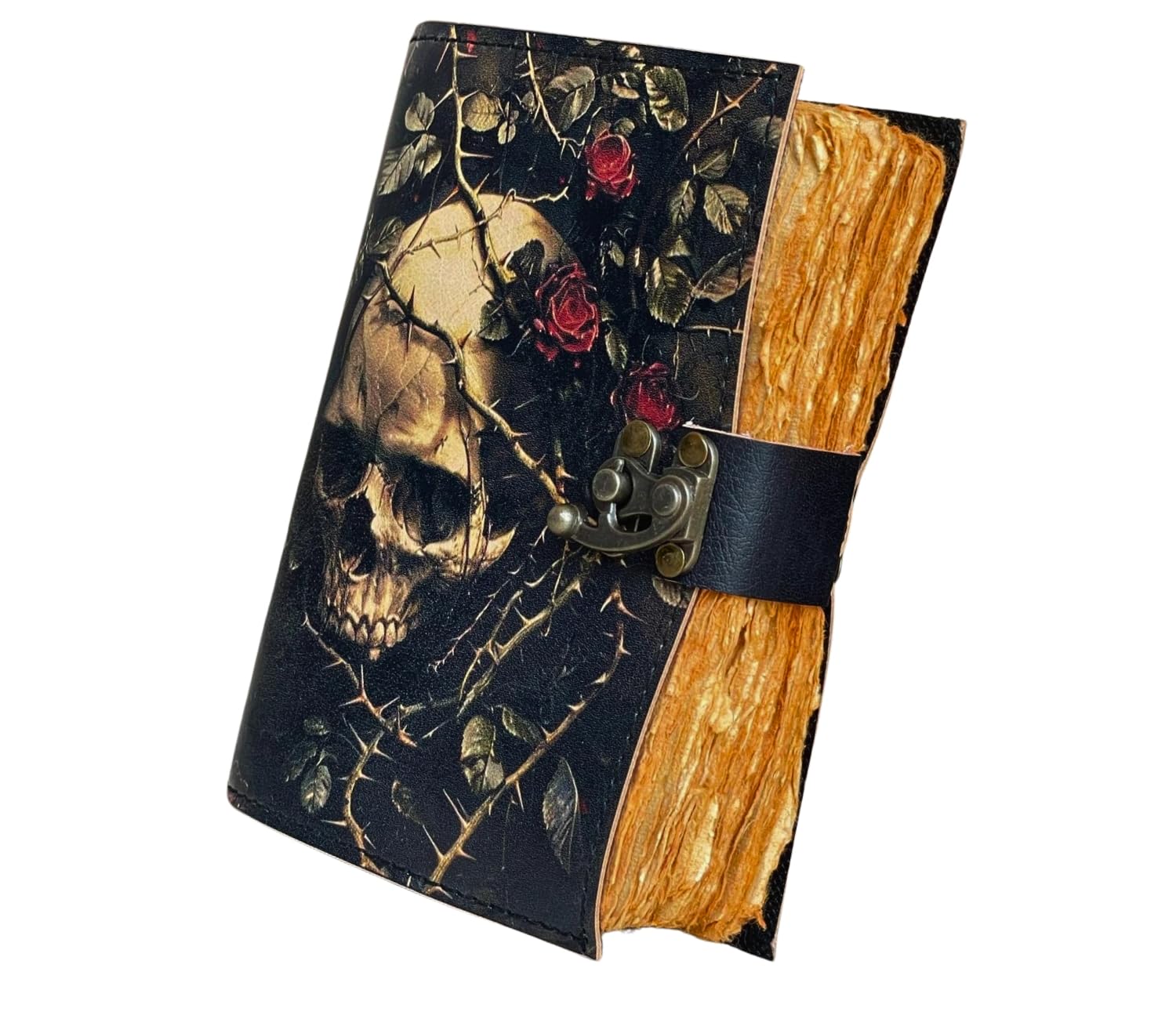 Dark Elegance Totenkopf-Tagebuch, handgefertigtes antikes Büttenrand-Papier-Tagebuch, 17,8 x 12,7 cm, echtes Leder, mit Totenkopf- und Rosen-Design, Vintage-Verschluss, persönliches Tagebuch,