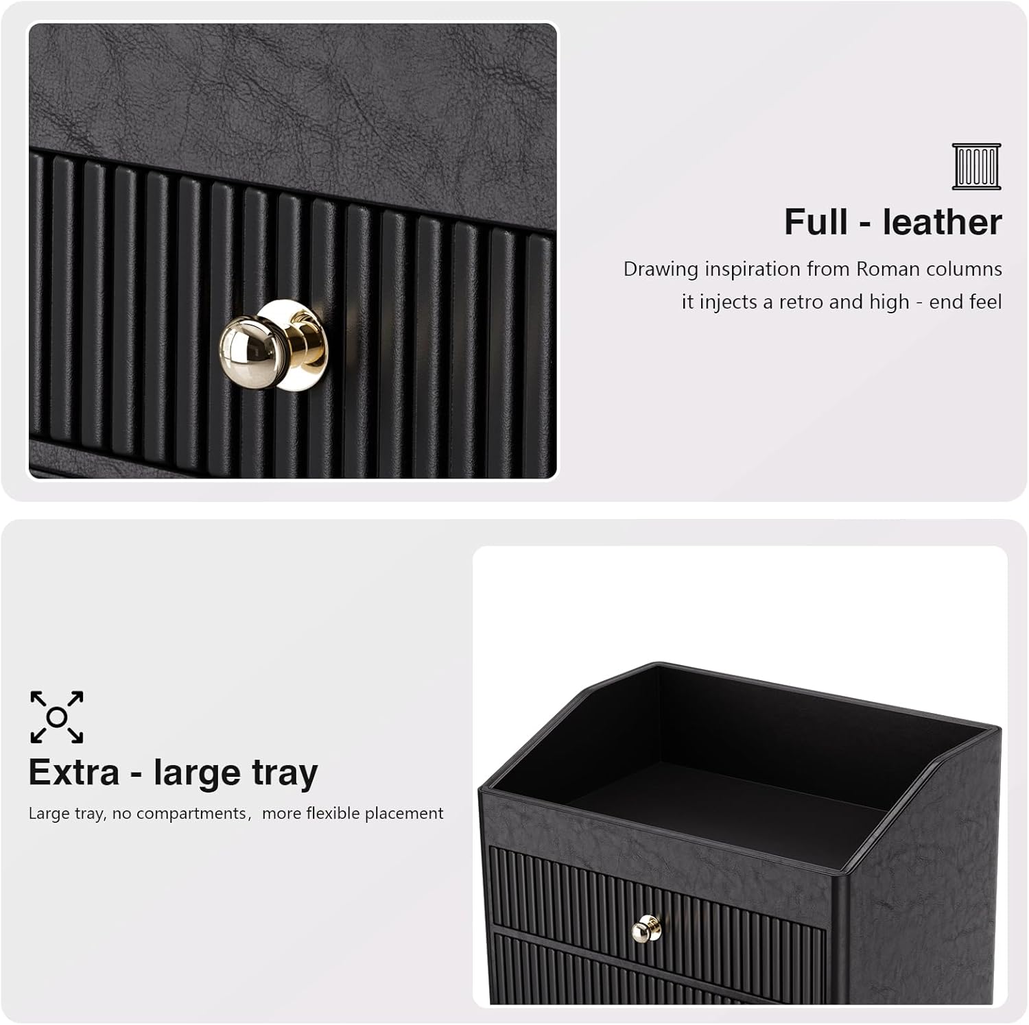 LADSTAG Office Supplies,Black Vegan Leather Office Organization with 2 Drawers & Tray,Glasses Holder with Gold-Tone Metal Accents Knob for End Tables,Bedside Table,Bedroom