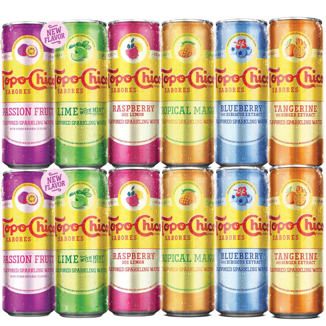 Topo Chico Sabores Sparkling Mineral Water Variety Pack, 12 Pack (12 oz Bottles) – Lime Mint, Passionfruit, Raspberry Lemon, Tangerine Ginger, Tropical Mango, Blueberry Hibiscus – Naturally Flavored Carbonated Water