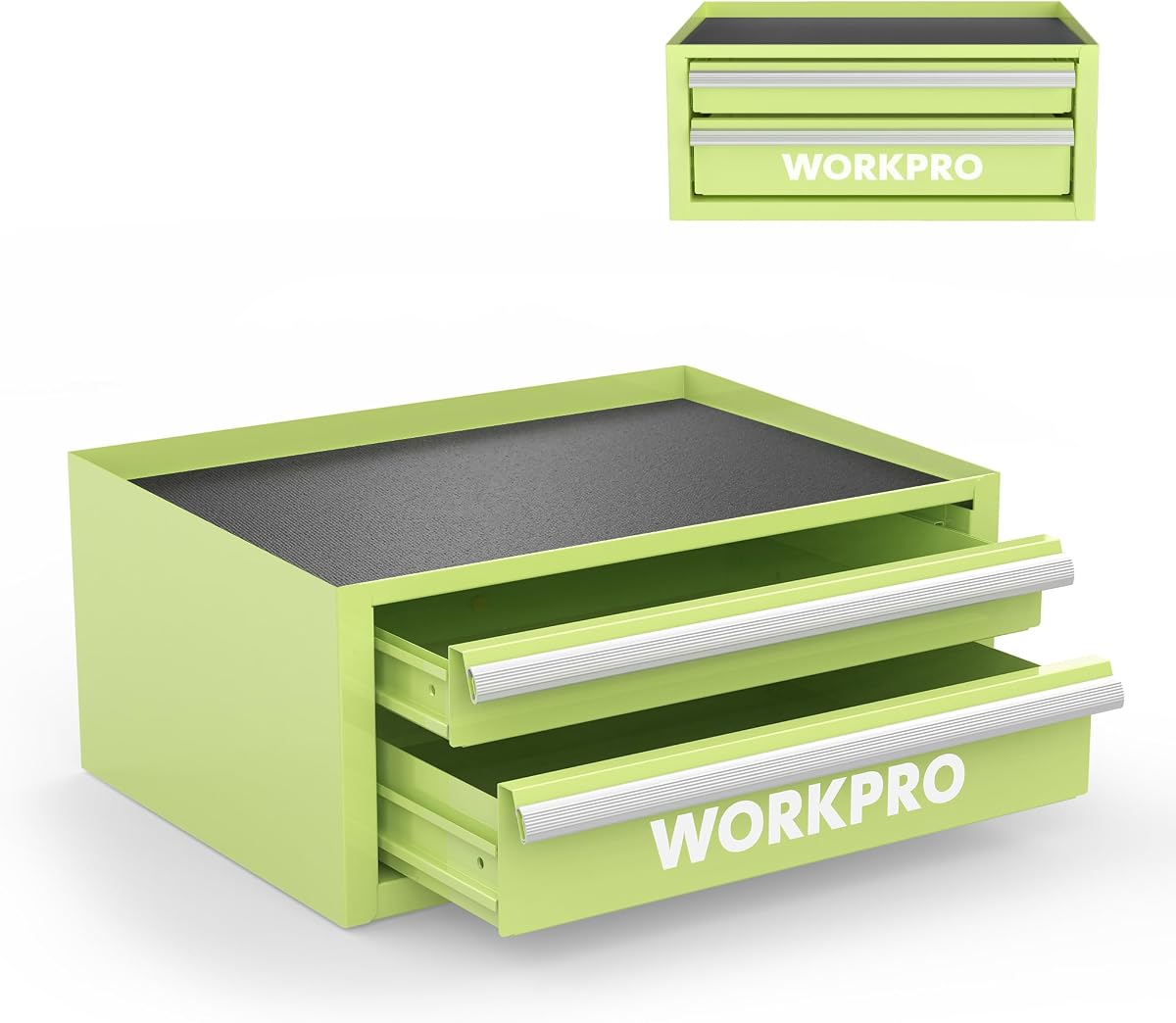 Mini caja de herramientas de metal de 12,5" con 2 cajones | Almacenamiento superior abierto, acero laminado en frío, caja de herramientas pequeña, revestimientos de PVC, almohadillas para pies de PP, revestimientos para cajones y pestañas magnéticas