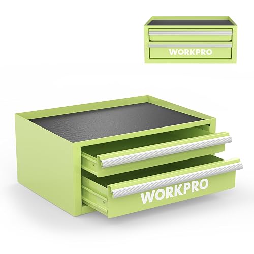 WORKPRO Mini Tool Box – 12.5 Inch Small Metal Tool Chest With 2 Drawers & 1 Open Top, Macaron Green, 35 Lb Capacity
