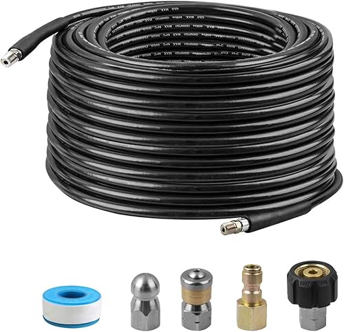 Sooprinse Kit de chorro de alcantarillado para lavadora a presión, manguera de 100 pies, NPT de 14 de pulgada, nariz de botón y boquilla de chorro