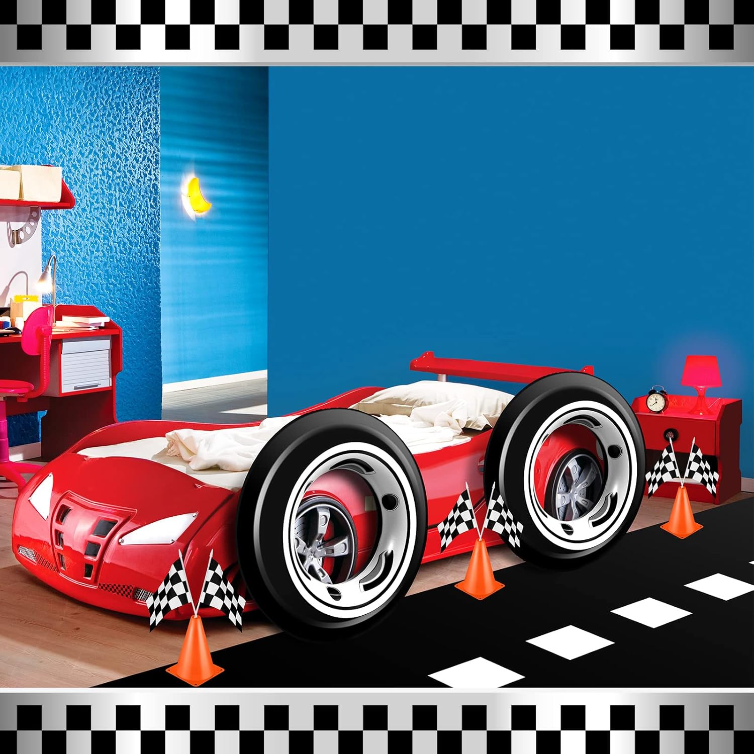 Remagr 24 Pcs Race Car Theme Birthday Party Supplies, 8 Pcs Traffic Cones, 12 Black and White Checkered Flags, 2 27.5" Inflatable Tire Tubes, Black Floor Runner, Checkered Tablecloth(Classic Style)