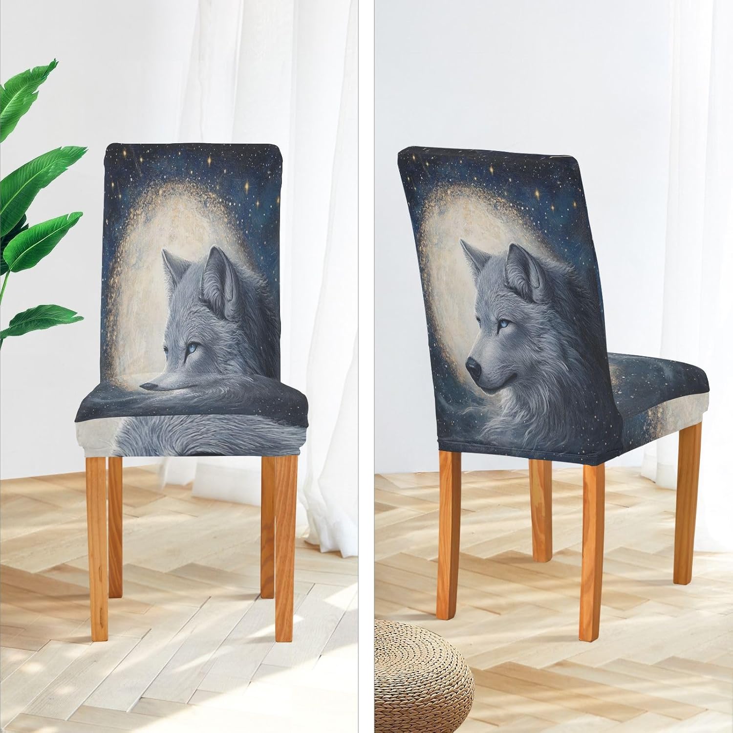 ALAZA Chair Covers for Dining Room, White Wolf Moon Stretch Chair Cover Sets Chair Protector Removable Washable for Ktichen Restaurant Hotel