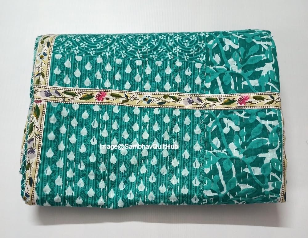Green Indigo Print Less Cotton Handmade Handblock Quilted Blanket Indian Cottodspread Kantha Indigo Print Beork Bohemian Bed Decor Block Throw Blanket Twin/King/Queen (90X108 inch)