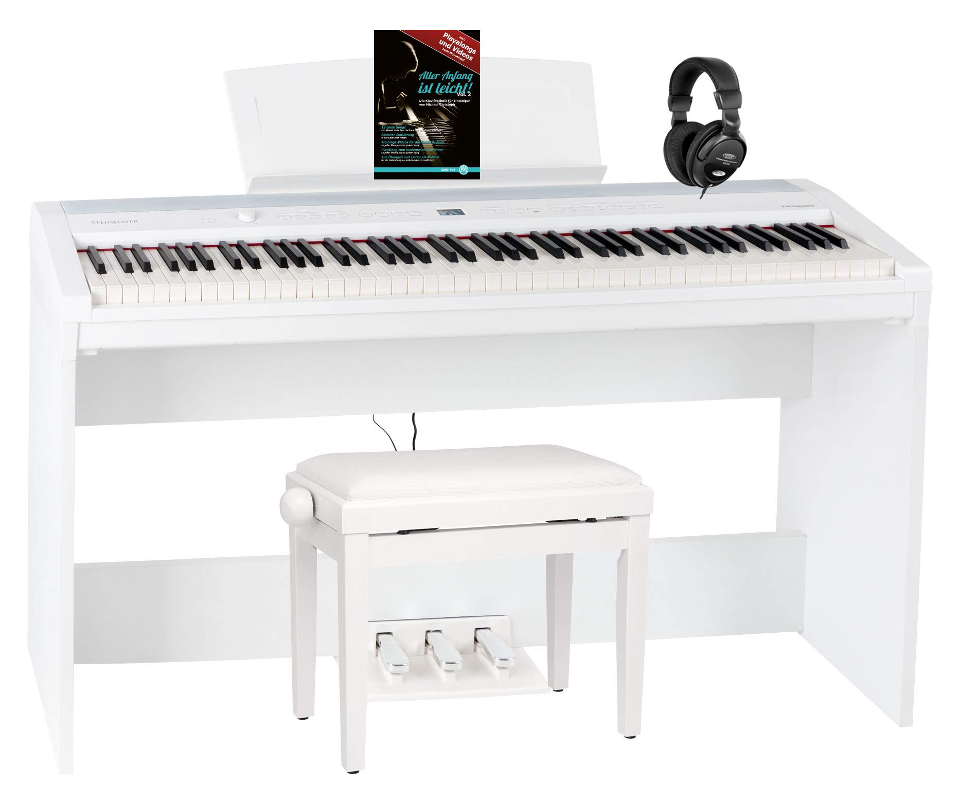 P-60 WM Piano de scène Home Set - 88 touches et base assortie, mécanique à marteaux, sensibilité à la vélocité - 14 sons, banque de pianos, écouteurs et porte-notes inclus - Blanc