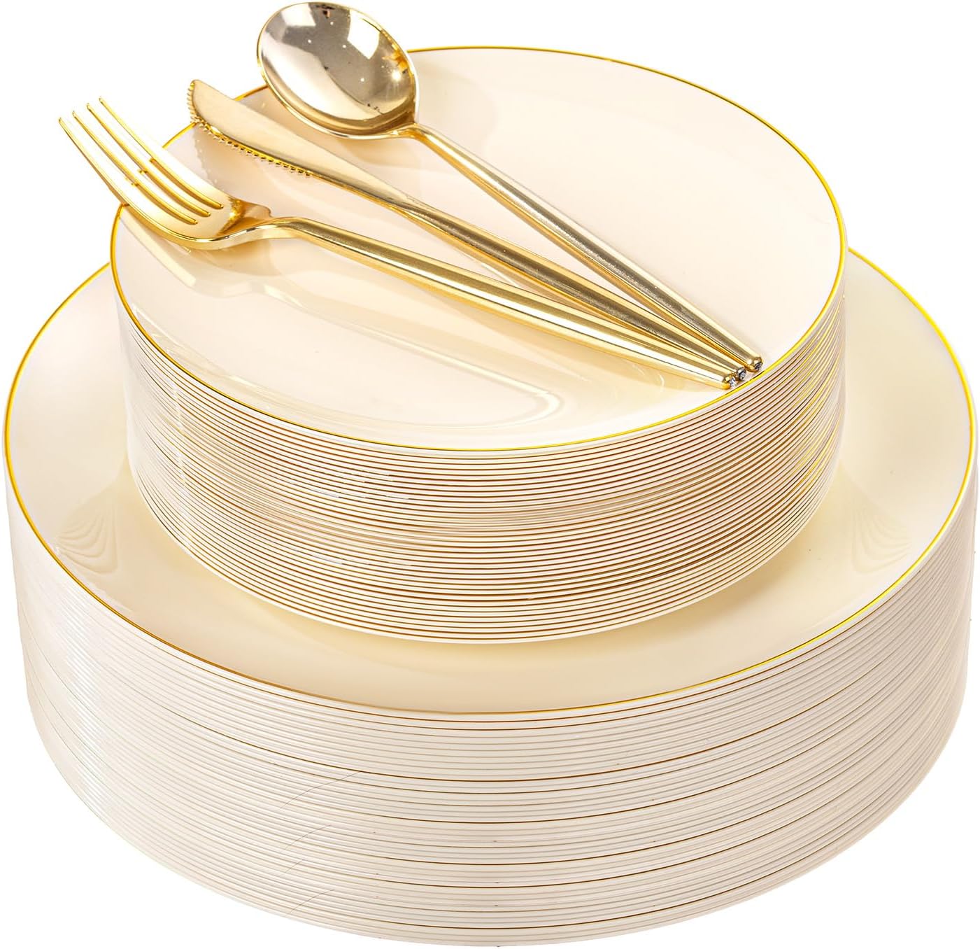 Ivory Plastic Plates with Gold Rim,Nice Disposable plates,Gold Plastic Plates,Ivory Disposable Plates Set include 30 Dinner Plate,30 Dessert Plates