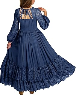 Girls Boho Long Sleeve Backless Lace Flower Square Neck Tiered Ruffle Swing Party Maxi Dress - Buy now