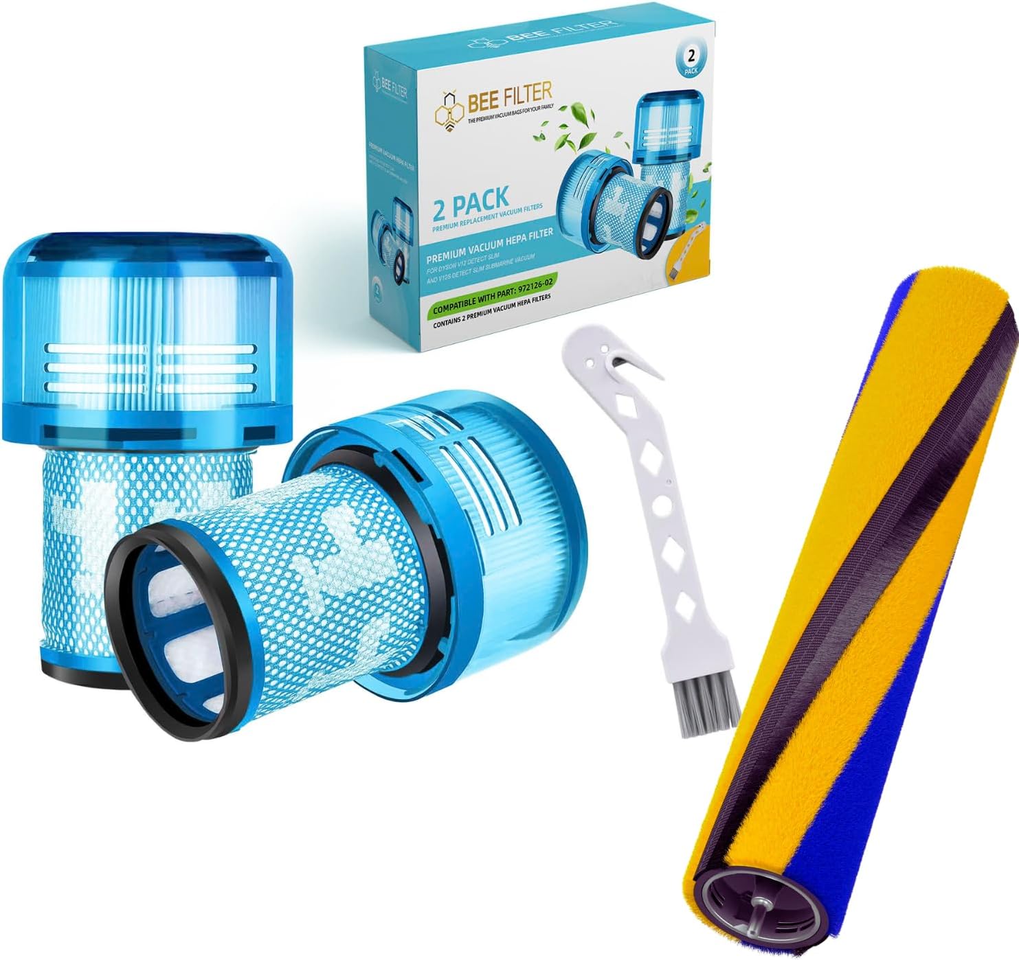 Combo 2-Pack Dyson V12 Filter & 1 Laser Brush Bar – Compatible with V12 Detect Slim, Absolute, Animal – Replaces Parts 971517-01 & 971634-01