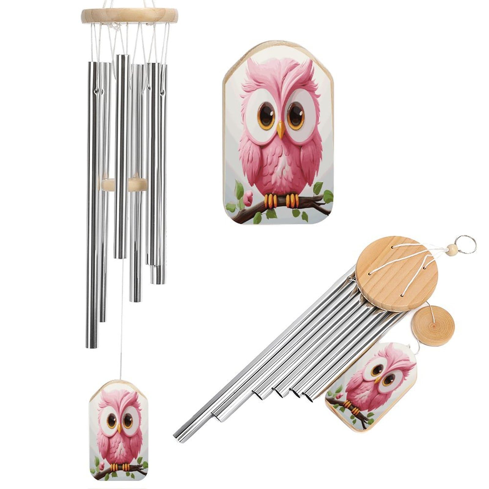 Btcowzrv Style A Pink Owl Wind Chimes For Outside, Hanging Windchimes With 6 Aluminum Tubes, Memorial Wind Chime For Patio Backyard Garden And Outdoor Decor