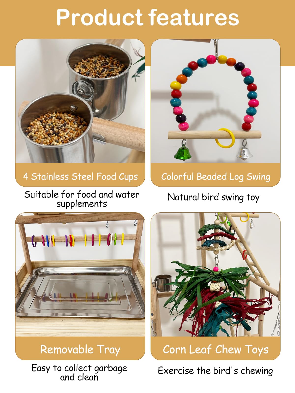Parque Infantil Grande de Madera de 4 Niveles con Ruedas, Soporte de Madera Natural para Loros, Soporte para pájaros con Escalera, Accesorios de Juguete para cacatúa, cacatúa, cuáquero