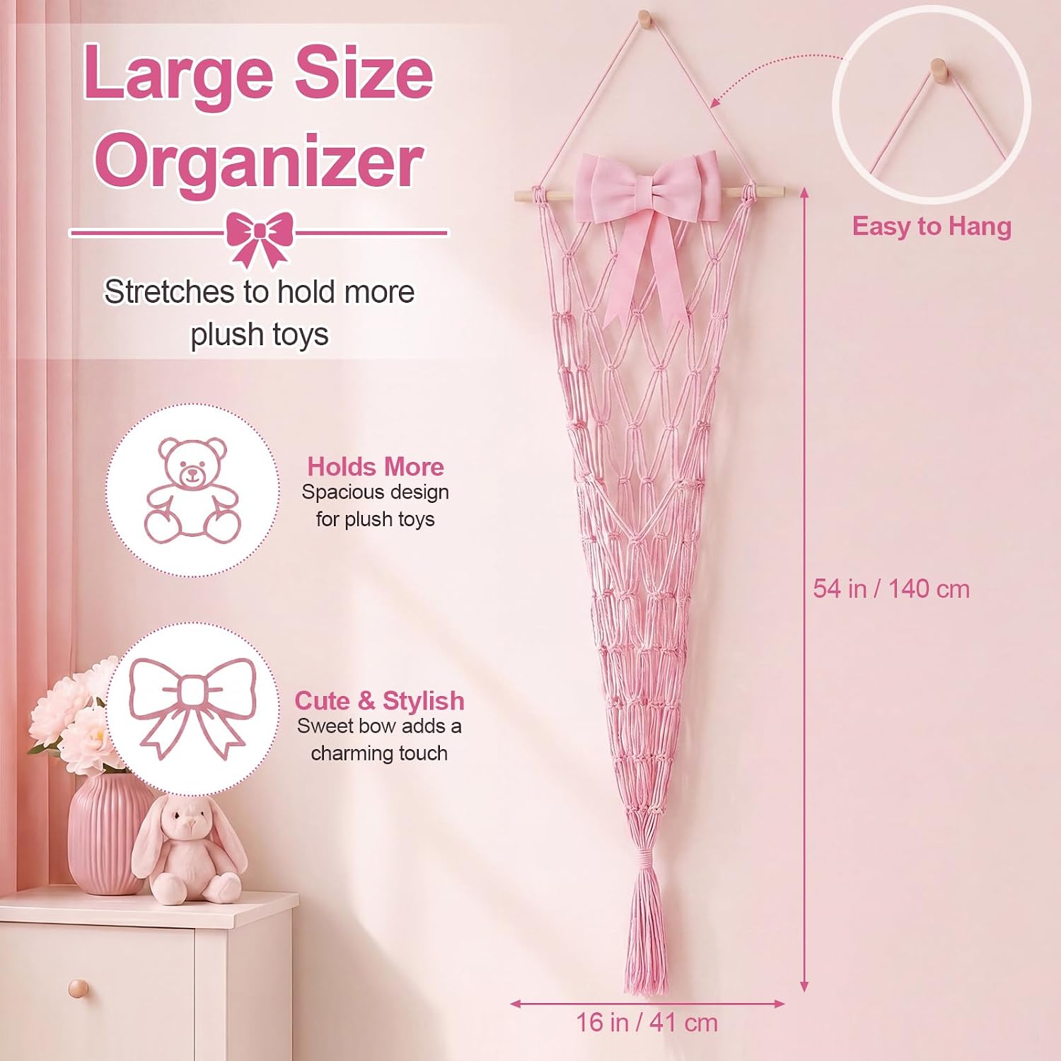 Pink Bow Stuffed Animal Hammock Cute Girly Corner Hanging Net Large Capacity Stuff Animal Organizer Plush Holder with Tassel Nursery Kid Girl Bedroom Home Decor for Tiny Space Walls 54 x 16''
