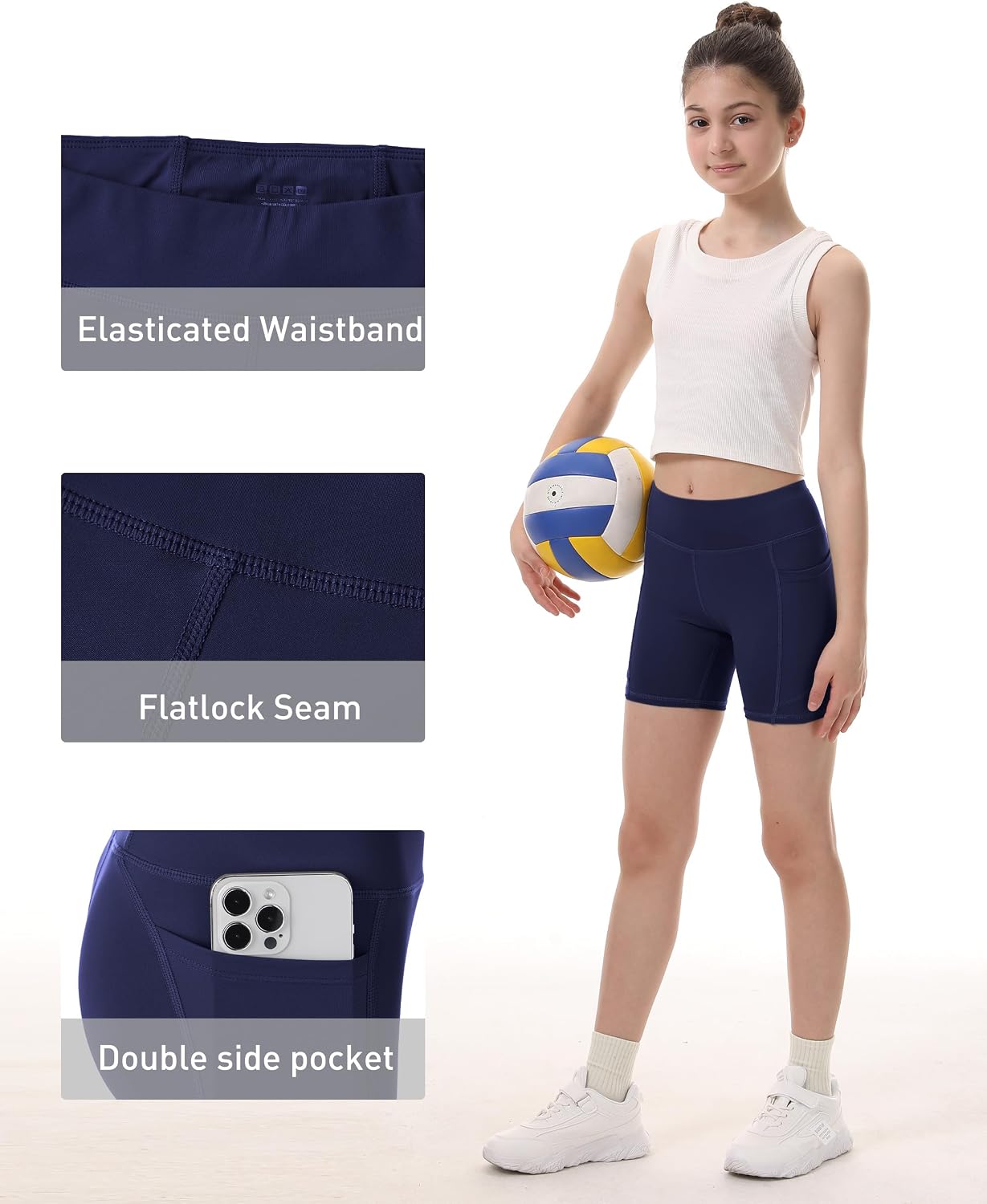 Roadbox Girls Volleyball Spandex Shorts, 5" Youth Bike Athletic Compression Shorts for Gymnastics Dance Yoga with Pockets