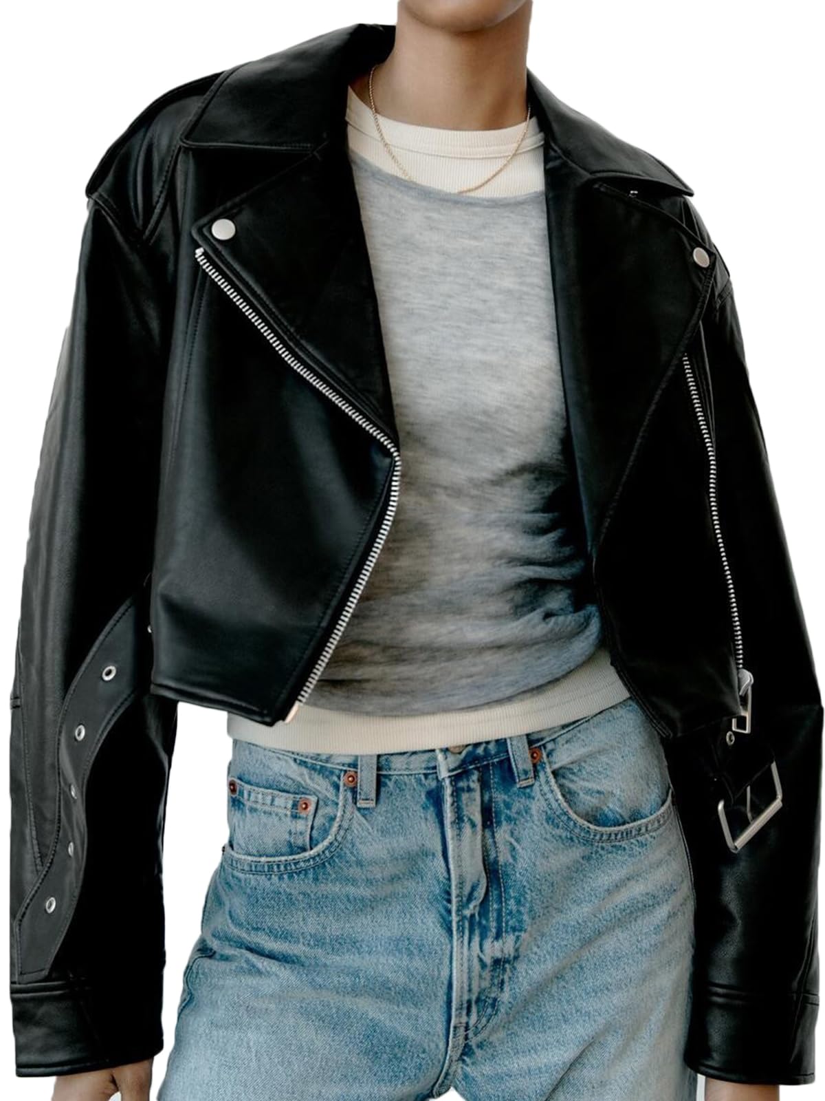 LY VAREY LIN Damen-Kurzjacke aus Kunstleder mit Reverskragen, Reißverschluss, Gürtel, Biker-Design