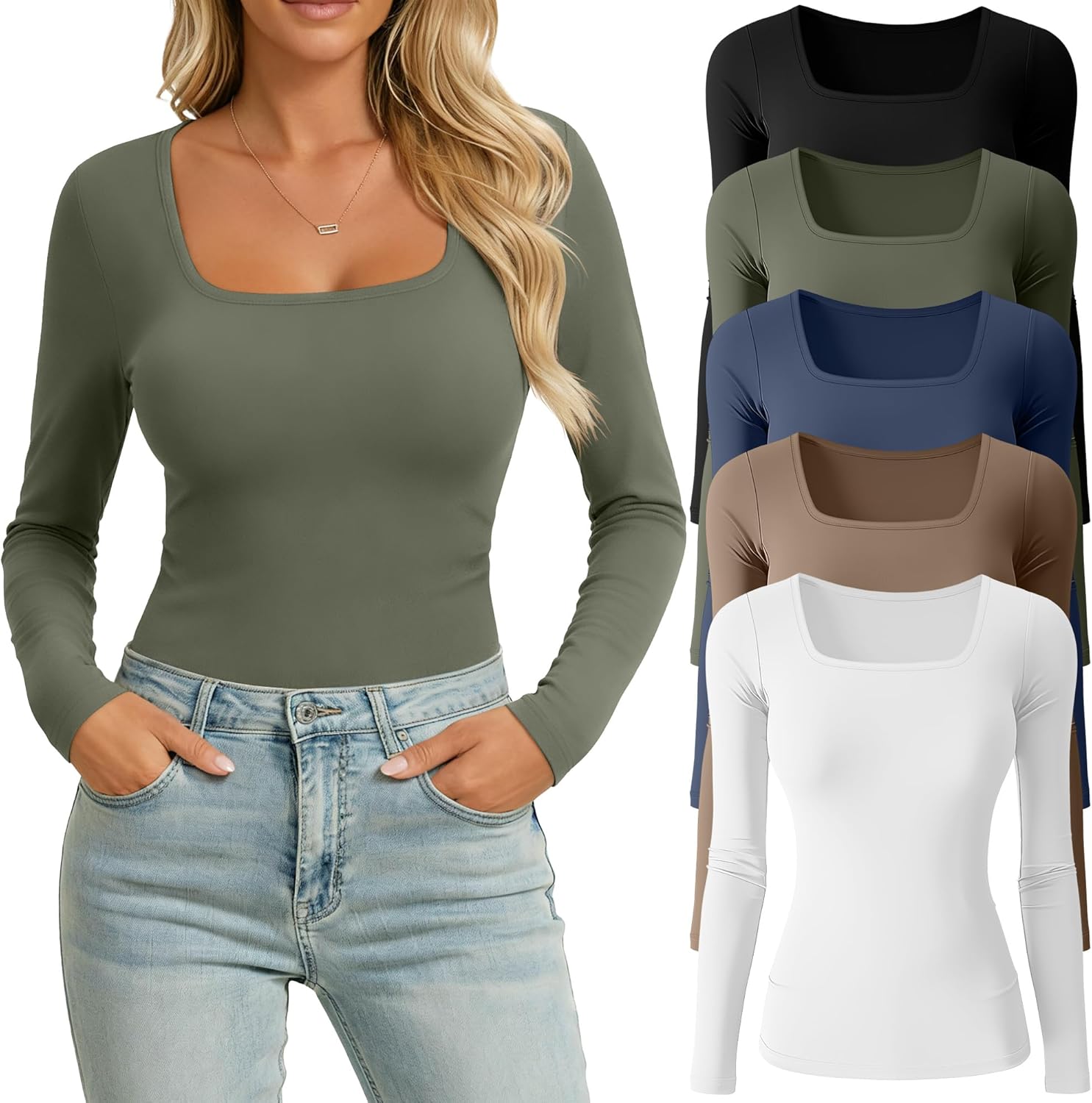 Huukeay 5 Pack Long Sleeve Shirts for Women Square Neck Tops Slim Multipack Casual Basic Tee Layer Undershirts