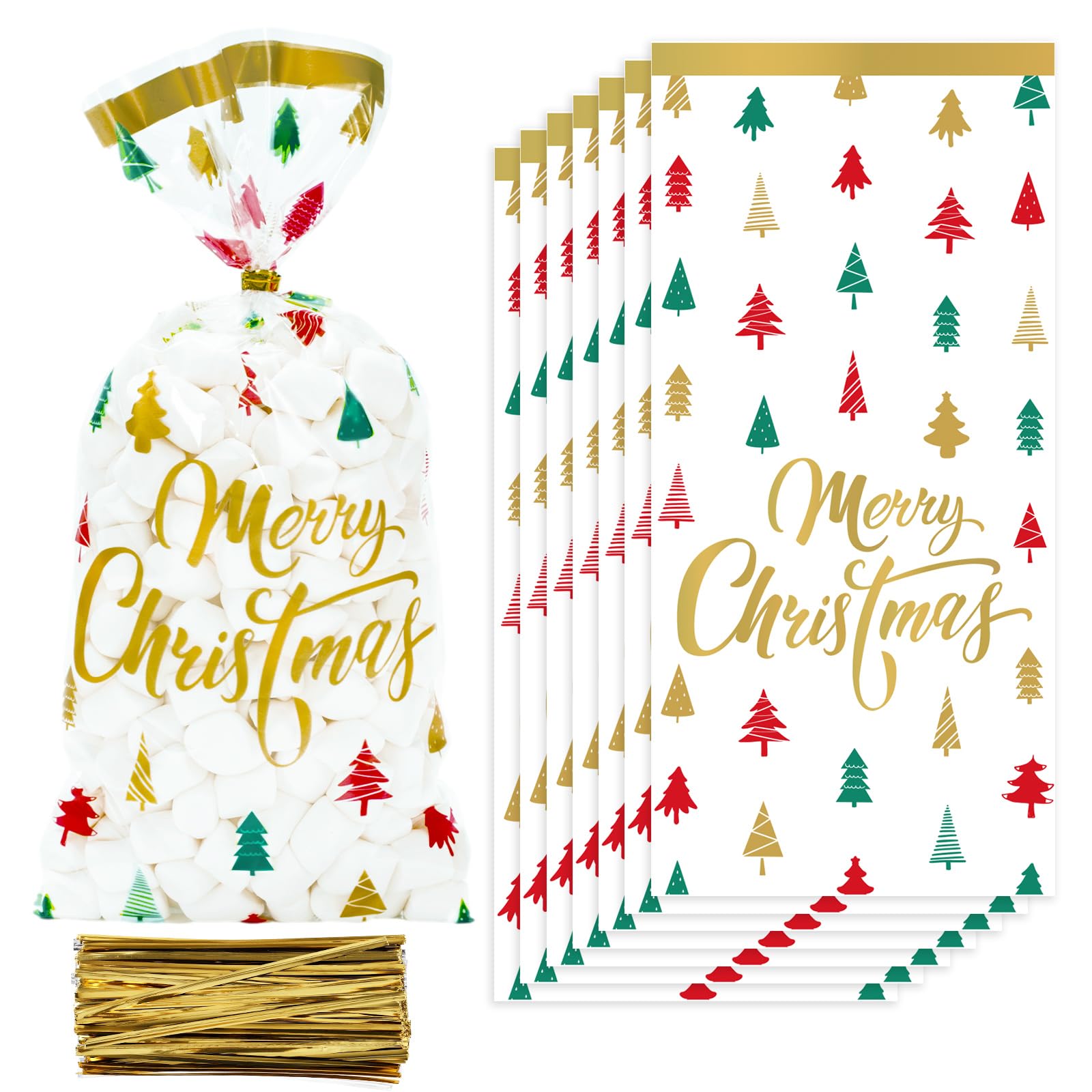 Whaline 150Pcs Christmas Cellophane Treat Bags Xmas Tree Red Green Gold Candy Cookie Treat Bags with Twist Ties Merry Christmas Plastic Goodie Gift
