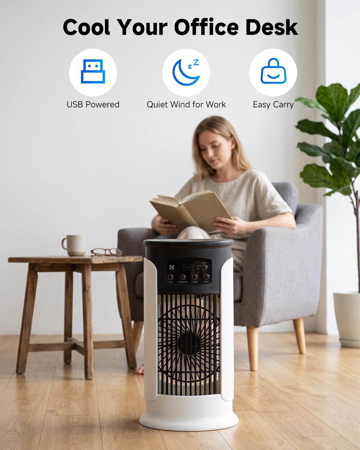 Portable Air Conditioners, 6-Speed Mini Cooler with 300ML Water Tank, 1-6H Timer, Mist & Ambient Light, USB Small Cooling Fan for Home Office (Black and White)