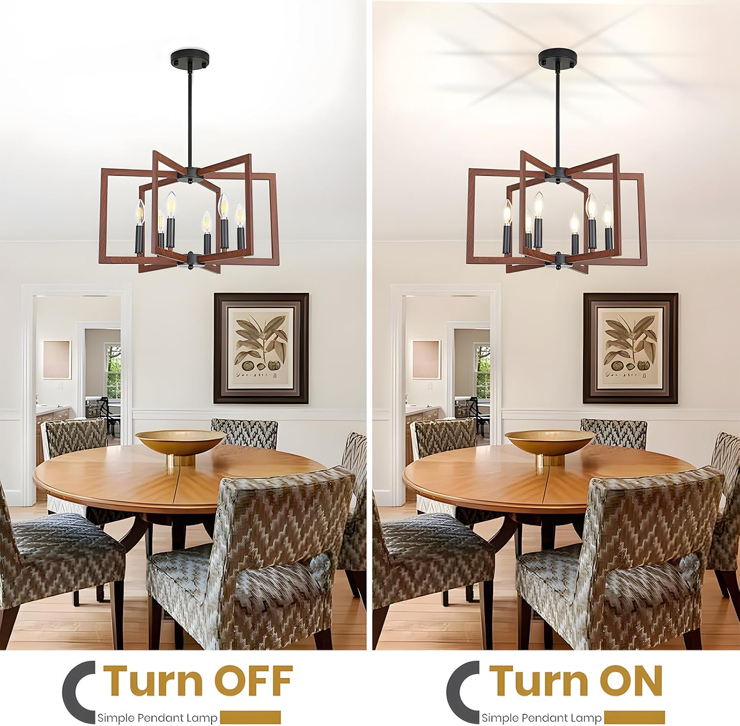 22" Farmhouse Chandeliers for Dining Room,6-Light Industrial Light Fixtures Over Table, Modern Faux Walnut Chandeliers,Rustic Pendant Light for Kitchen Island,Bedroom,Entryway,Foyer