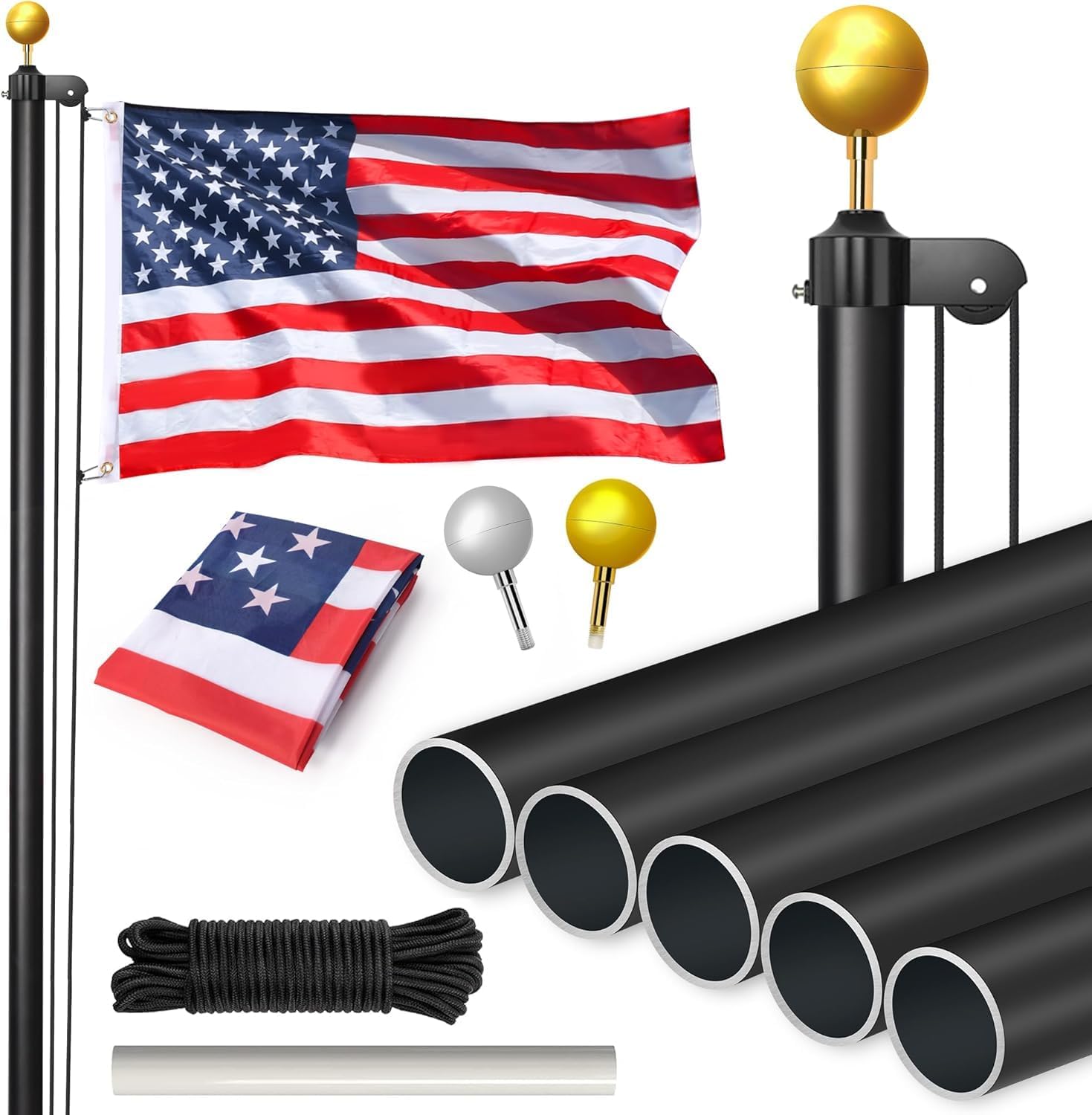 Flag Poles for Outside House Inground, 16ft Heavy Duty 13 Gauge Aluminum Flagpole Kit with 3x5 American Flag, Extra Thick Outdoor In Ground Flag Pole for Outside, Yard, Commercial or Residential