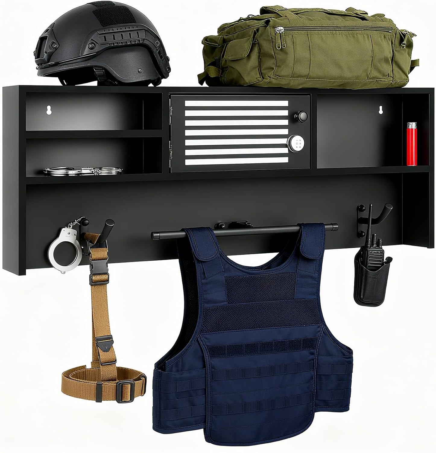 Wall Mounted Police Gear Rack - Tactical Duty Gear Rack Decor with Thin Line Flag - 2 Hooks Law Enforcement Gear Racks Safety Lock, Versatile Police Vest Hanger for Department of Police, Fire, Home