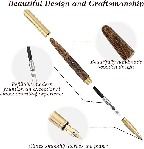Miniatura 6 de Juego de plumas estilográficas de madera hechas a mano, pluma estilográfica de madera de lujo vintage de 0.020 in de punta fina con 12 cartuchos de