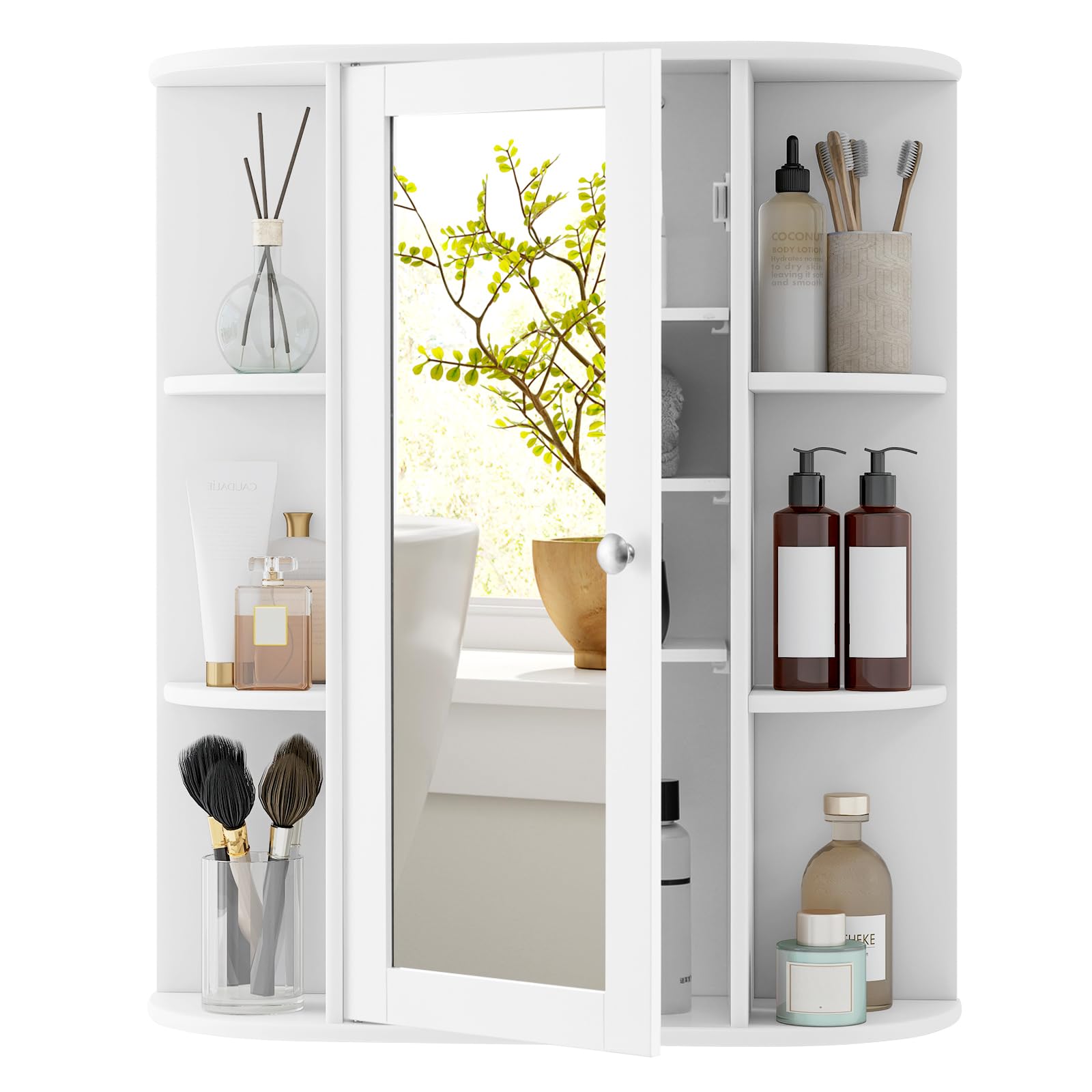 GIANTEX Armadietto Bagno a Parete, Mobiletto Pensile con Ante di Specchio, 6 Scomparti Laterali, 2 Colori Disponibili, 60x16,5x70 cm