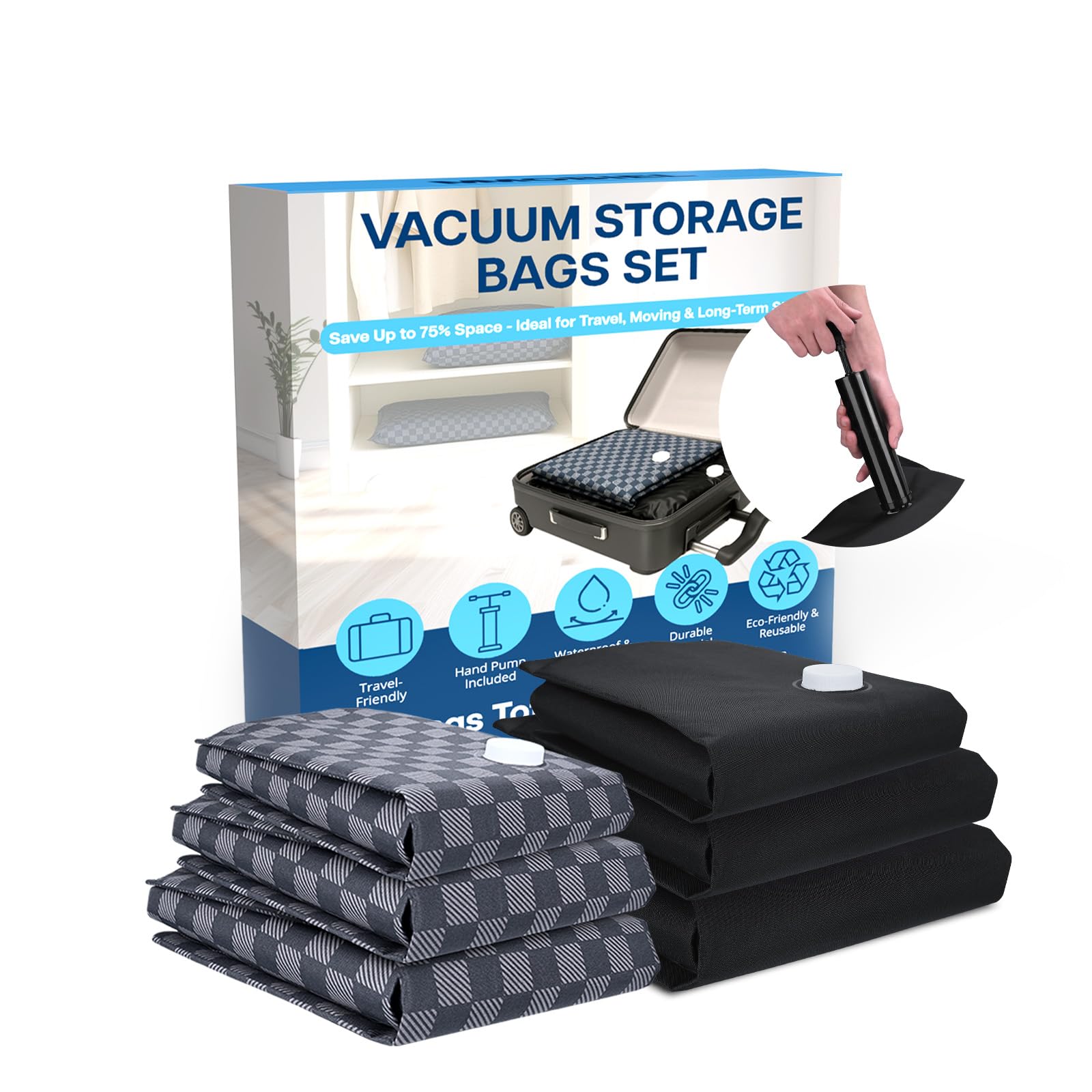 met 4 vacuümzakken voor kledingreizen, 70x50cm vacuümzakken voor