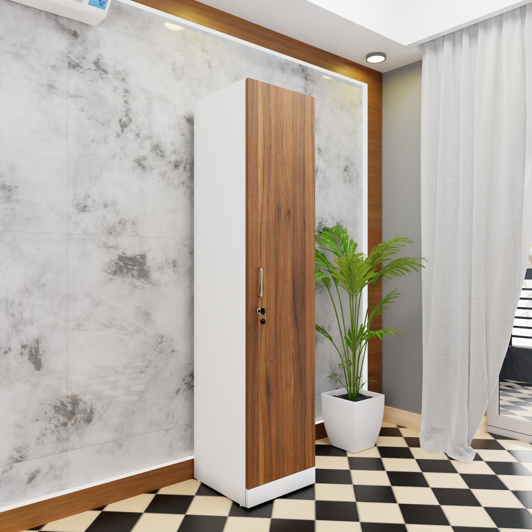 VIKI Wardrobe | Wooden Almirah for Clothes,Door for Bedroom, 1 Door Wardrobe with Doors (Frosty White, Brussel Walnut - 40D x 40W x 180H) | 1 Year Warranty | DIY