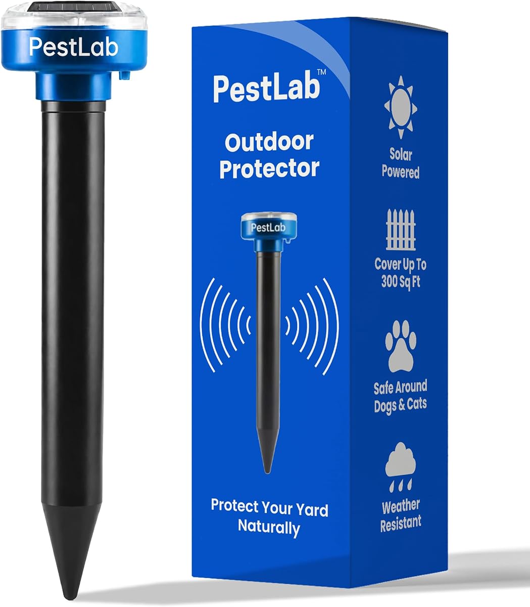 Pestlab Repelente ultrasónico de plagas – Repelente de topos para exteriores – Disuasivo con energía solar para césped, patio y jardín – Repele zorrillos, campañoles, tuzas, serpientes, roedores, marmotas – Cobertura de 300 pies cuadrados – 1 paquete