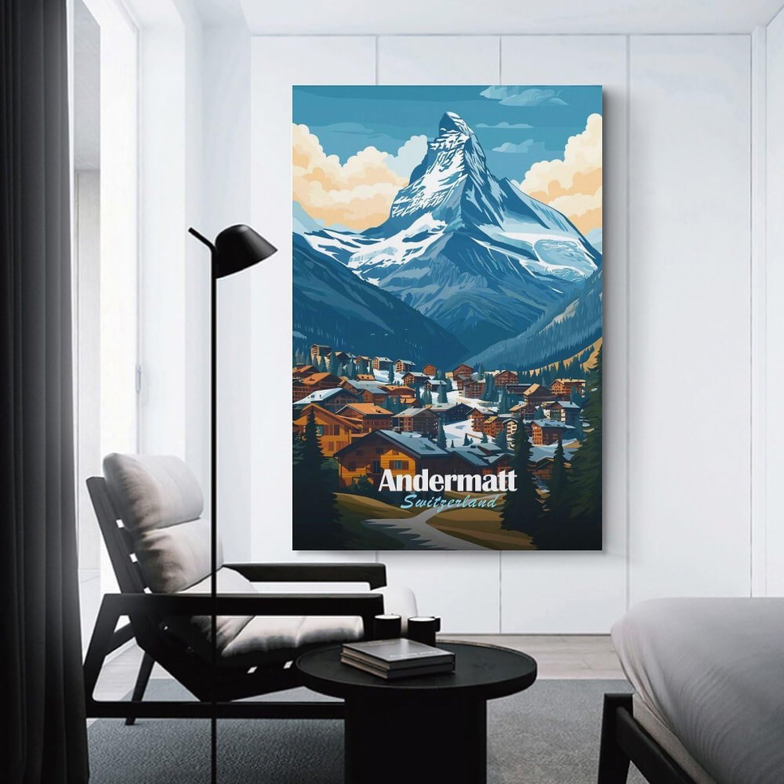 Junmoney Wall Picture Print Andermatt Switzerland Mountain Village, 24x36inch(60x90cm), for Living Room, Lounge Or Sitting Room, A Home Accent with Warm Character