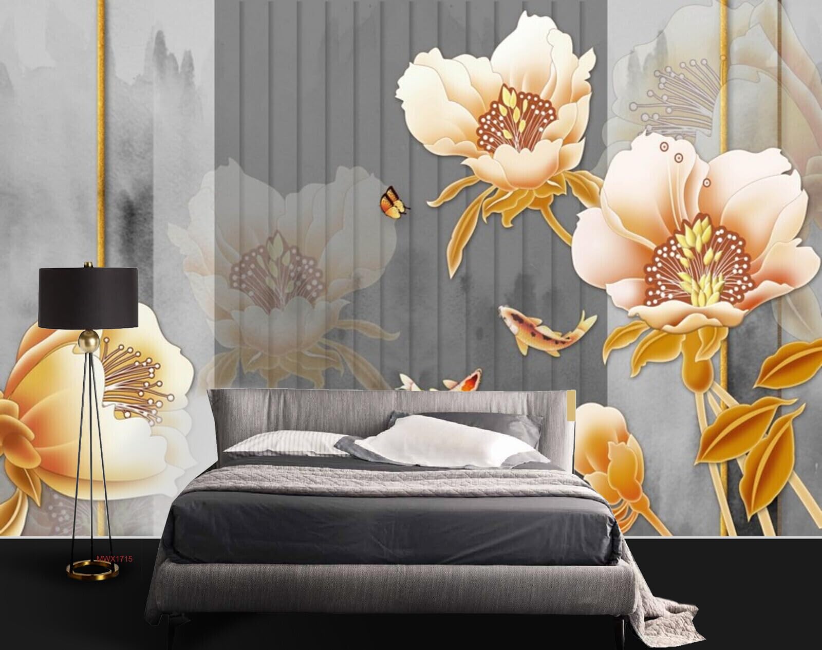 BeibehangBeibehang BVE1715 White Orangish Caterpillars Fishes Buds Snowy Flowers Marine Life Orange Butterflies HD 3D Wall Sticker[13 ft x 12 ft] / [396 cm x 366 cm]