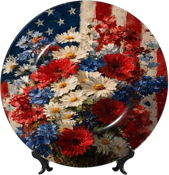 Red White Blue Flowers Round Decorative Porcelain Plates with Stand, 6in Retro US Flag Hanging Bone China Art Wobble-Plate for Home Hallway Wall Office Table Decor